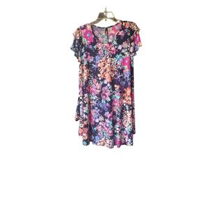 VOLL Women Floral Print Short Sleeve Mini Dress Navy Pink Plus Size 1XL Tunic